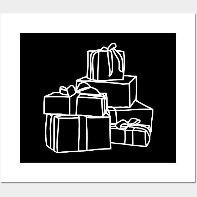 White Line Drawing Pile of Wrapped Christmas Gift Boxes Wall Art by ellenhenryart